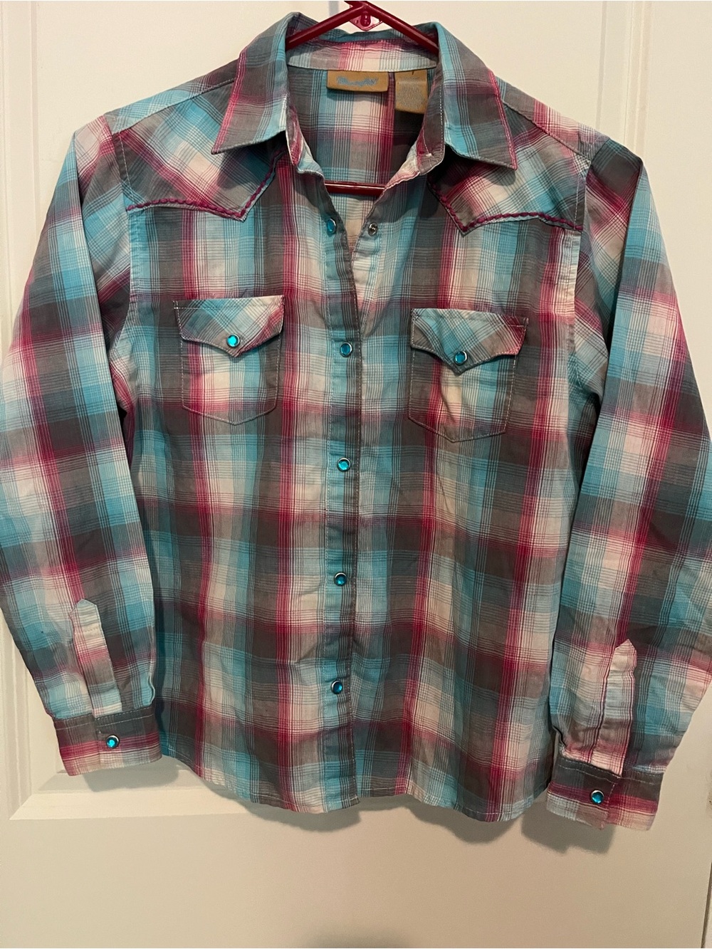Wrangler Plaid Shirt in Teal, Burgundy, and Cream